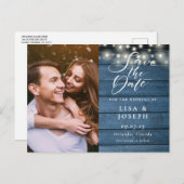 Rustic Blue Wood String Lights Foto opslaan Datum Briefkaart (Voorkant / Achterkant)