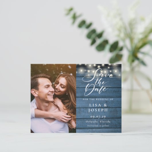 Rustic Blue Wood String Lights Foto opslaan Datum Briefkaart (Staand voorkant)