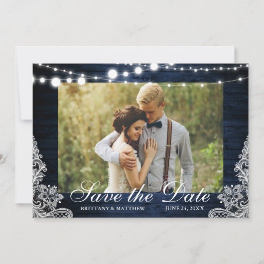 Rustic Blue Wood String Lights Lace Foto Save The Date (Voorkant)
