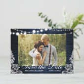 Rustic Blue Wood String Lights Lace Foto Save The Date (Staand voorkant)