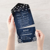 Rustic Blue Wood String Lights Wedding All In One Uitnodiging (Afscheurbaar)