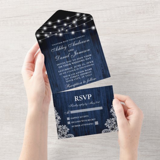 Rustic Blue Wood String Lights Wedding All In One Uitnodiging (Afscheurbaar)