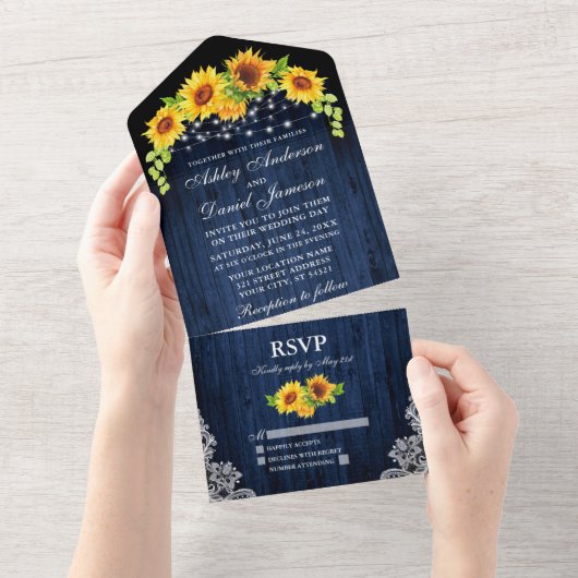 Rustic Blue Wood Sunflower Lace Weddenschap All In One Uitnodiging (Afscheurbaar)
