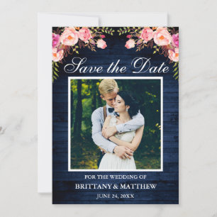 Rustic Blue Wood Waterverf Roze Floral Foto Save The Date