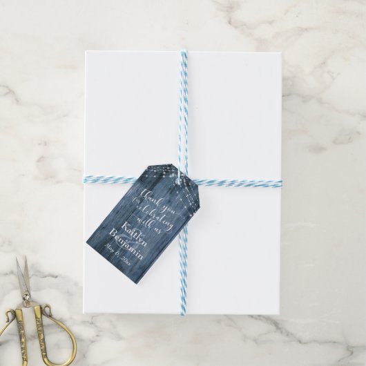 Rustic Blue Wood, White Light Strings Dank je Cadeaulabel (Met Touw)