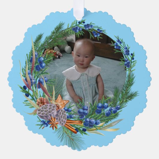 Rustic Blue Wreath - Uw foto - Gepersonaliseerd Ornament Kaart (Voorkant)