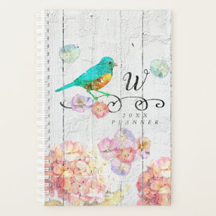 Rustic Bluebird Pink Hydrangea Floral Monogram Planner