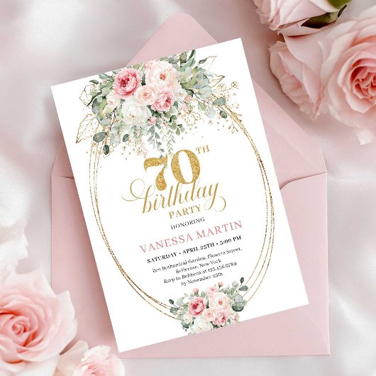 Rustic Blush and Gold 70th Birthday Invitation