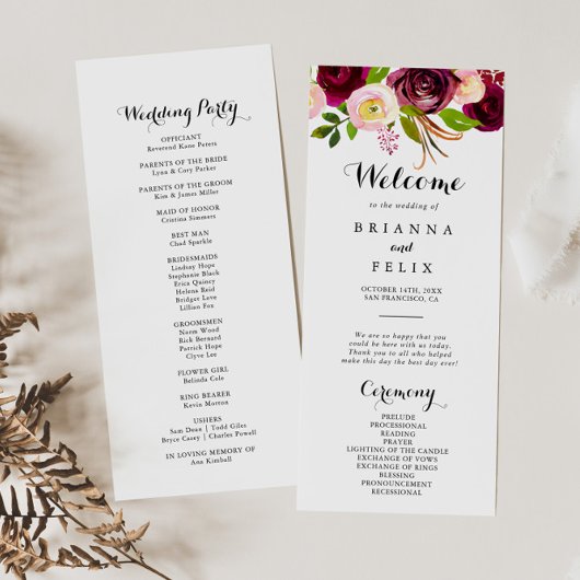 Rustic Blush Bourgogne Floral Wedding Programme