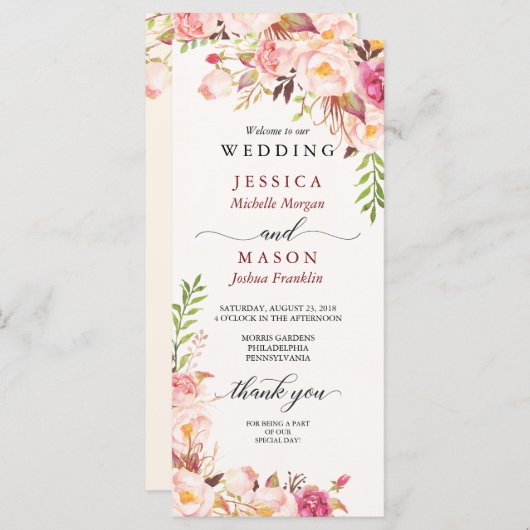 Rustic Blush Bourgondië huwelijksprogramma Programma (Voorkant / Achterkant)