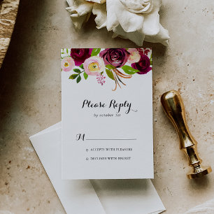 Rustic Blush Burgundy Floral Calligrafie RSVP Kaartje