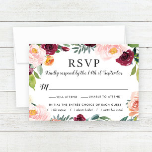 Rustic Blush Burgundy Floral Wreath Wedding RSVP Kaartje