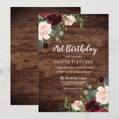 Rustic Blush & Burgundy Flowers 21st Birthday Kaart (Voorkant / Achterkant)