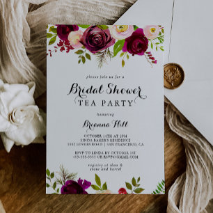 Rustic Blush Burgundy Vrijgezellenfeest Tea Party Kaart