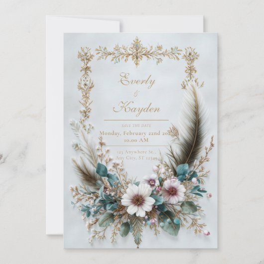 Rustic Blush Floral Feather Elegant Wedding Kaart (Voorkant)