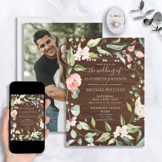 Rustic Blush Floral Script Wood Foto bruiloft Kaart