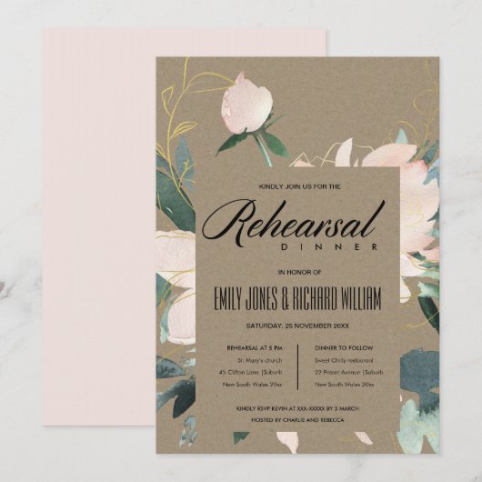 RUSTIC BLUSH FLORAL WATERVERF REHEARSAL DINNER KAART (Voorkant / Achterkant)