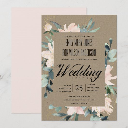 RUSTIC BLUSH GOLD KRAFT FLORAL WATERVERF WEDING KAART (Voorkant / Achterkant)