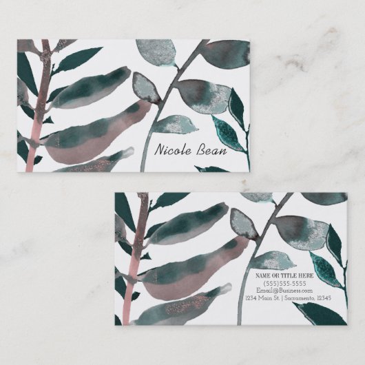 Rustic Blush Greenery Botanical Leaves Waterverf Visitekaartje (Voorkant / Achterkant)