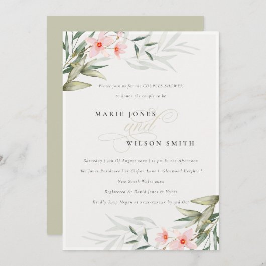 Rustic Blush Greenery Floral Couples Invitation do (Devant / Derrière)