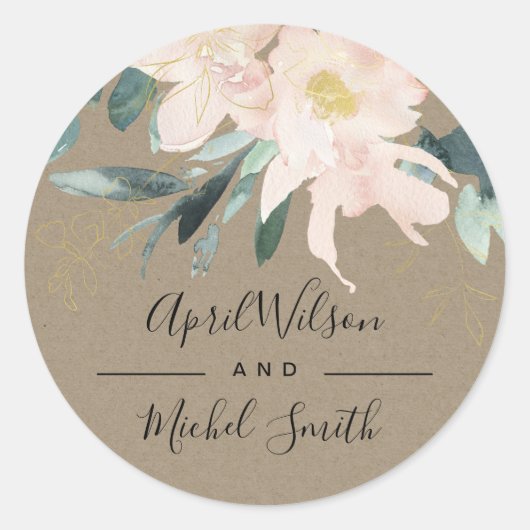 RUSTIC BLUSH KRAFT FLORAL BUNCH WATERVERF WEDING RONDE STICKER (Voorkant)