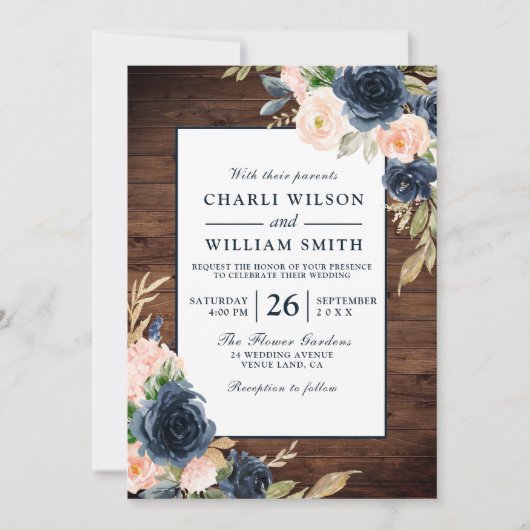Rustic Blush & Navy Floral Lijst Wedding Kaart (Voorkant)