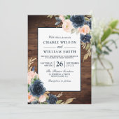 Rustic Blush & Navy Floral Lijst Wedding Kaart (Staand voorkant)