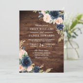 Rustic Blush & Navy Floral Wedding Kaart (Staand voorkant)