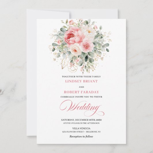 Rustic Blush Peony Gold Frame Wedding Invitation (Devant)