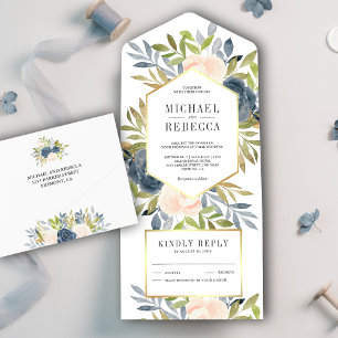 Rustic Blush Pink and Dusty Blue Floral Wedding All In One Uitnodiging