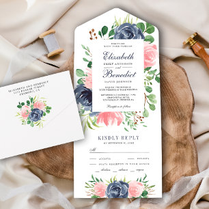Rustic Blush Pink and Navy Blue Floral Wedding All In One Uitnodiging
