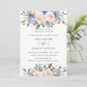 Rustic Blush Pink Blue Floral Greenery Wedding Kaart (Staand voorkant)
