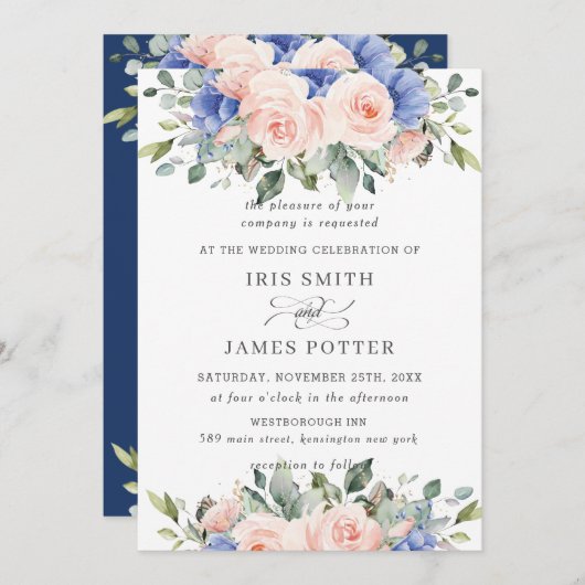 Rustic Blush Pink Blue Floral Greenery Wedding Kaart (Voorkant / Achterkant)