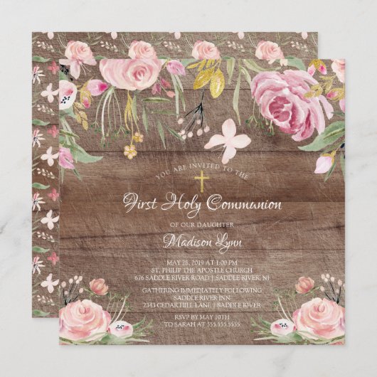 Rustic Blush Pink Floral First Heilige Communie Kaart (Voorkant / Achterkant)