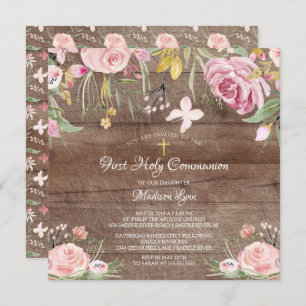 Rustic Blush Pink Floral First Heilige Communie Kaart