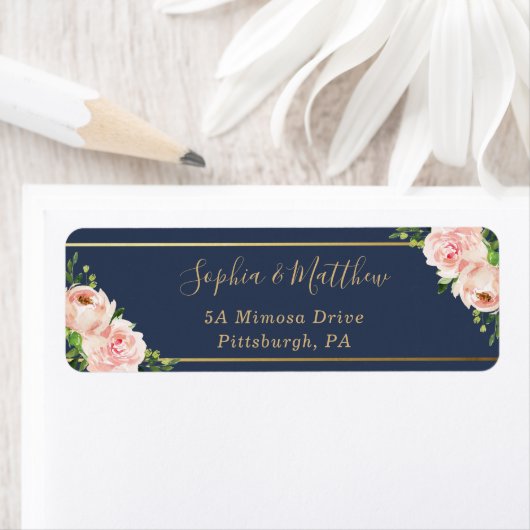 Rustic Blush Pink Floral Flowers Navy Gold Wedding Etiket (Insitu)