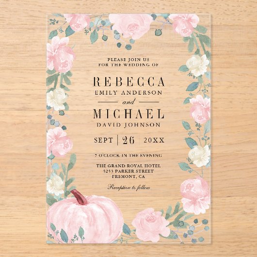 Rustic Blush Pink Floral Pumpkin Wedding Acryl Uitnodigingen (Voorkant)