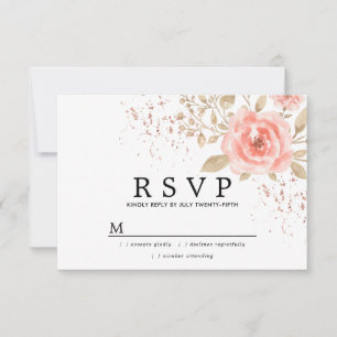 Rustic Blush Pink Gold Floral Wedding RSVP Kaartje