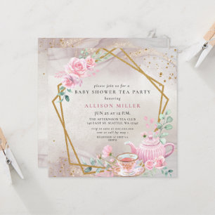 Rustic Blush Roos Gold Tea Party Baby shower Kaart