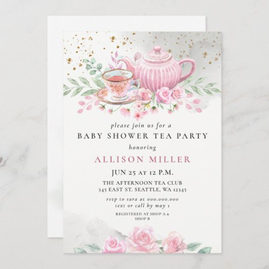 Rustic Blush Roos Gold Tea Party Baby shower Kaart (Voorkant / Achterkant)