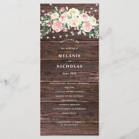 Rustic Blush rose Floral Lumières Programme de mar (Devant)