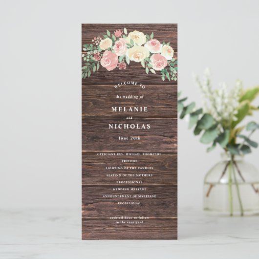 Rustic Blush rose Floral Programme de mariage (Debout devant)