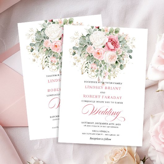 Rustic Blush Rose Greenery Gold Wedding Invitation
