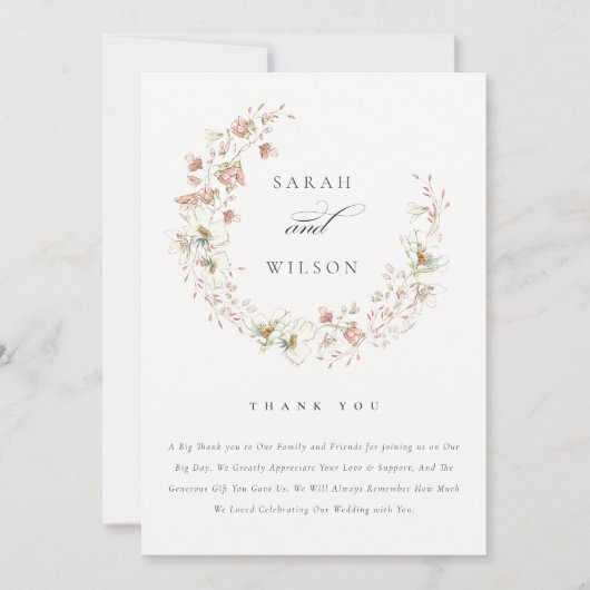 Rustic Blush White Meadow Floral Wreath Wedding Bedankkaart (Voorkant)
