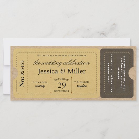  Rustic Boarding Pass Style Ticket Wedding Kaart (Voorkant)