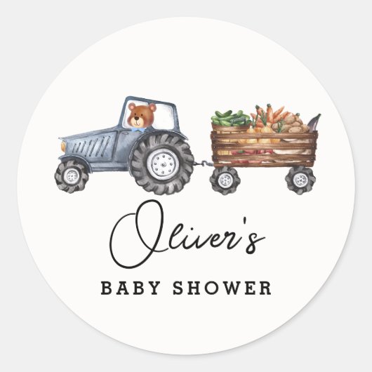 Rustic Boerderij Tractor Teddy Bear Baby shower Ronde Sticker (Voorkant)