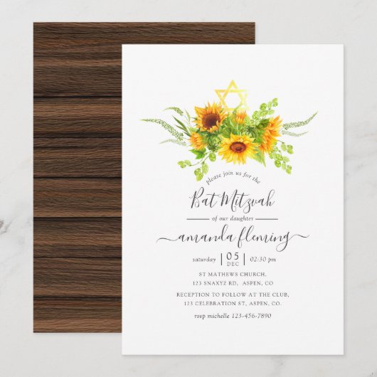 Rustic Bohemian Sunflower Bat Mitzvah Kaart (Voorkant / Achterkant)