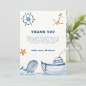 Rustic Boho Ahoy Boy Whale Sailboat Baby shower Bedankkaart (Staand voorkant)