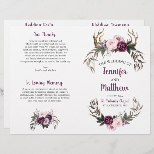 Rustic Boho Antlers Paarse Plum Pink Peonies (Voorkant / Achterkant)