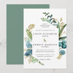Rustic Boho Blauwgroen Blue Botanical Gold Wedding Kaart